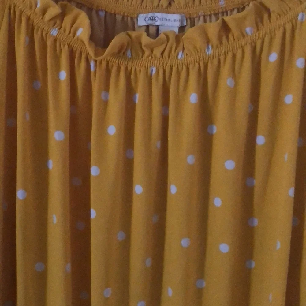 Woman’s Polkadot feminine spring yellow dainty office siren ruffled blouse top - Picture 11 of 12